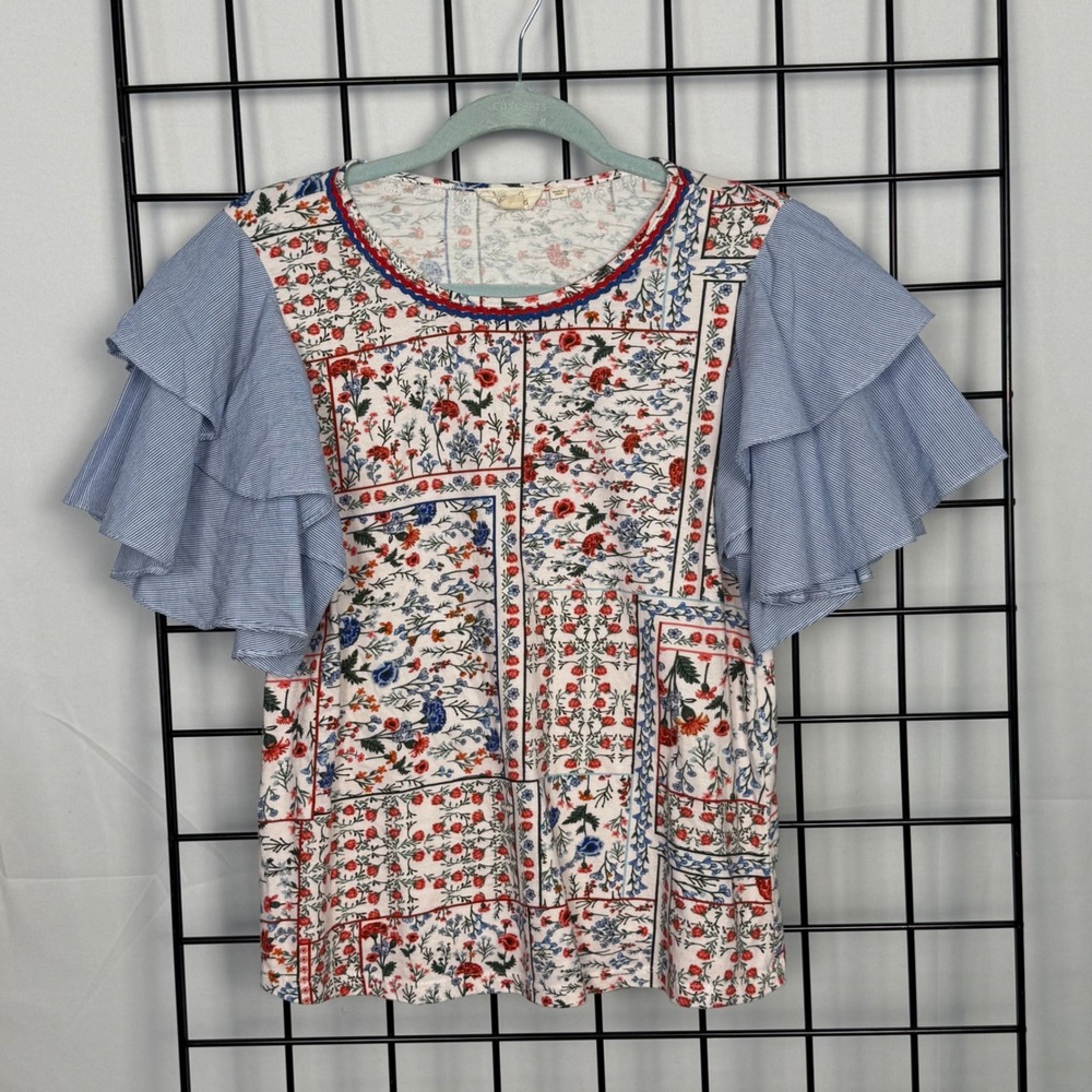 Anthropologie Let Me Be Floral Patchwork Top Womens XS Blue Ruffle Sleeve Boho